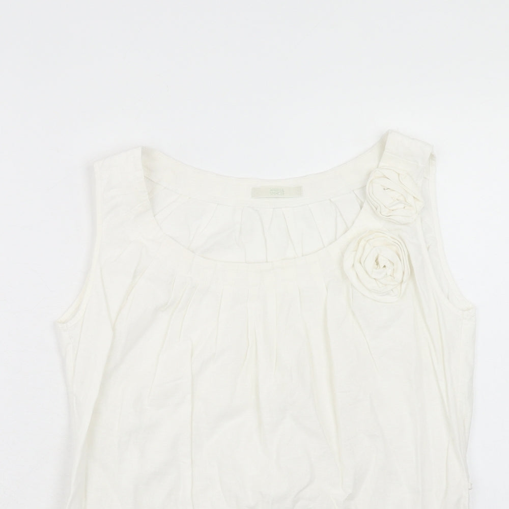 Marks and Spencer Womens White Linen Basic Tank Size 12 Round Neck - Flower