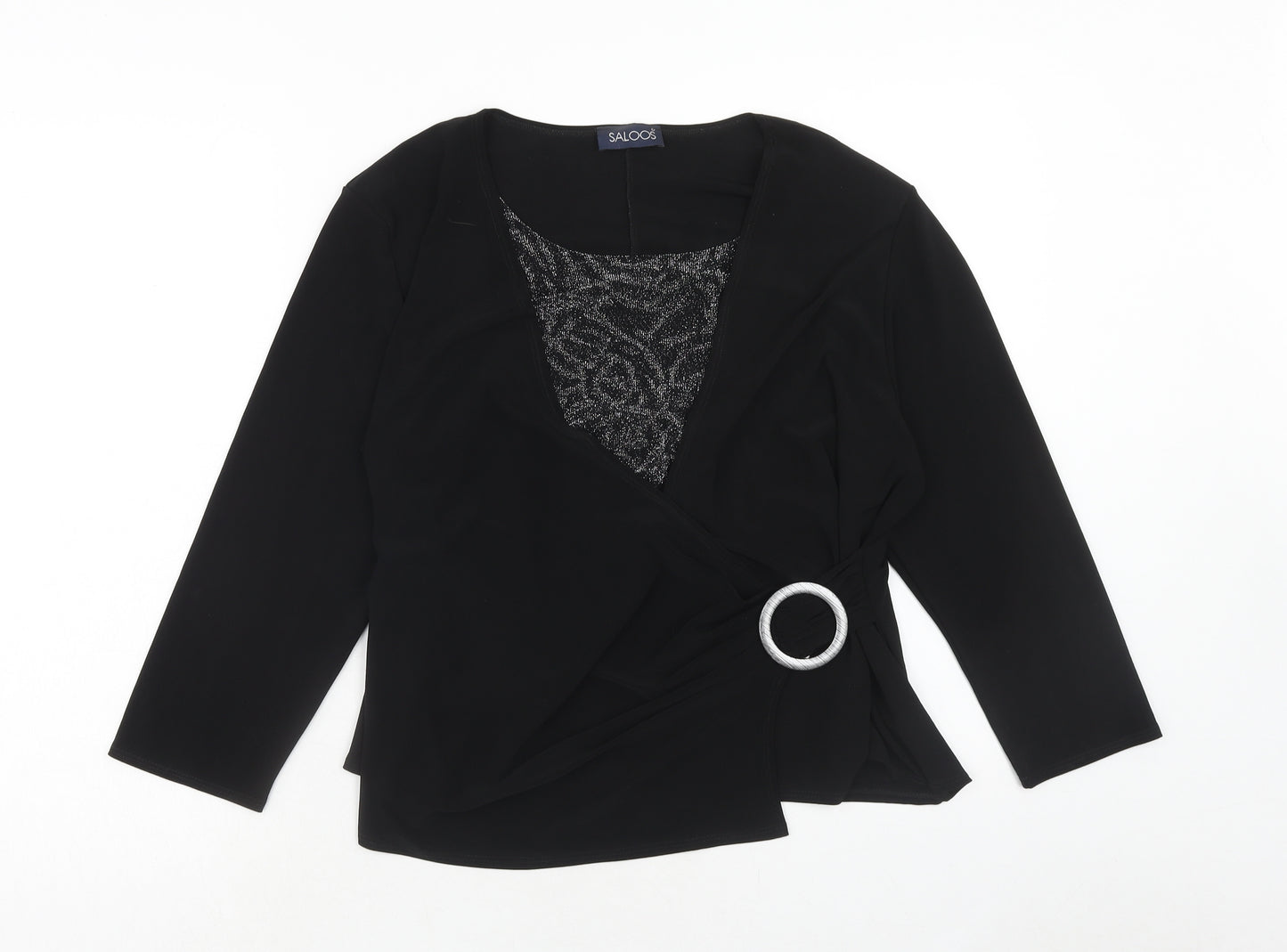 Saloos Womens Black Polyester Wrap Blouse Size L V-Neck