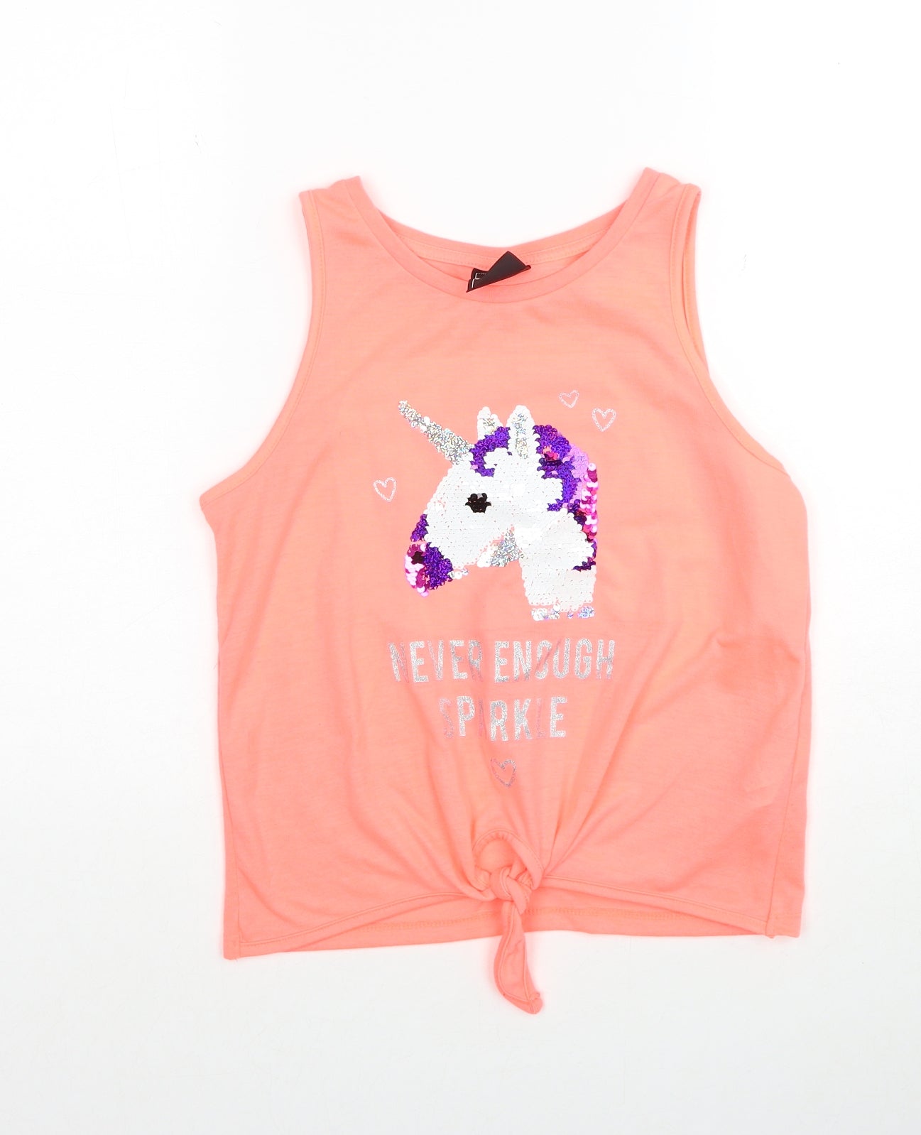 Primark Girls Pink Polyester Basic Tank Size 11-12 Years Round Neck Pullover - Unicorn Never Enough Sparkle