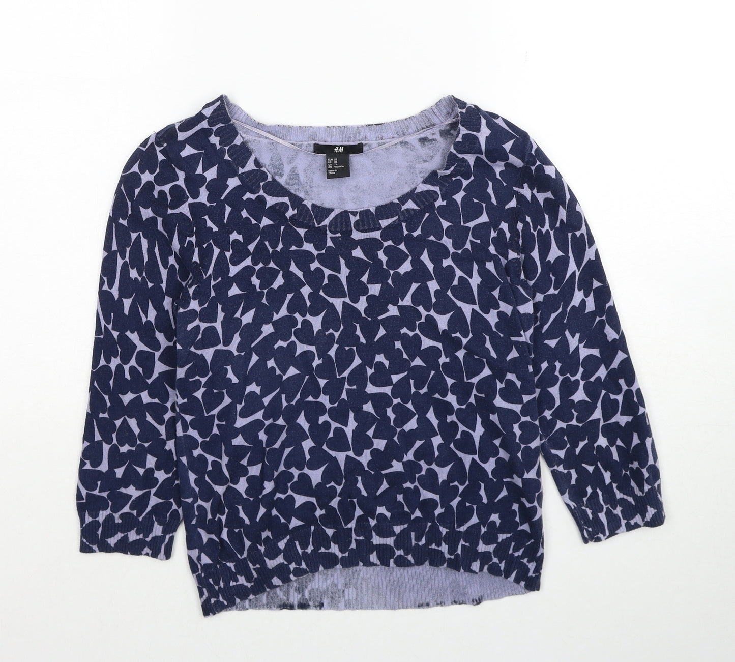H&M Womens Blue Boat Neck Geometric Cotton Pullover Jumper Size XS - Heart Pattern