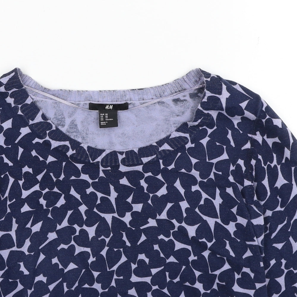 H&M Womens Blue Boat Neck Geometric Cotton Pullover Jumper Size XS - Heart Pattern