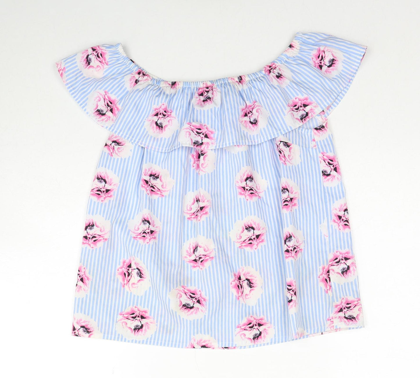 Primark Girls Blue Striped Polyester Basic Blouse Size 12-13 Years Off the Shoulder Pullover - Floral
