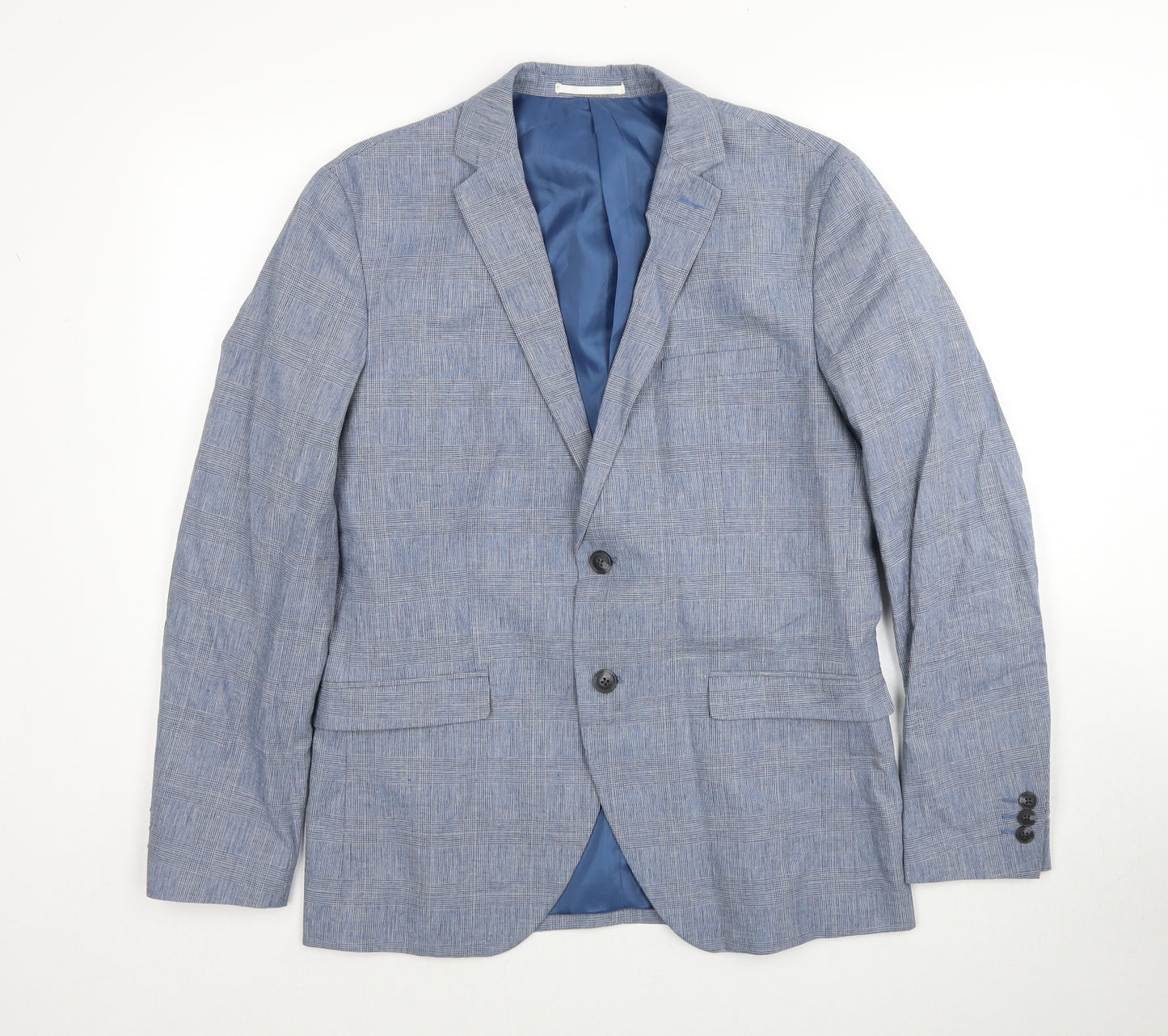 JACK & JONES Mens Blue Plaid Linen Jacket Suit Jacket Size 40 Regular
