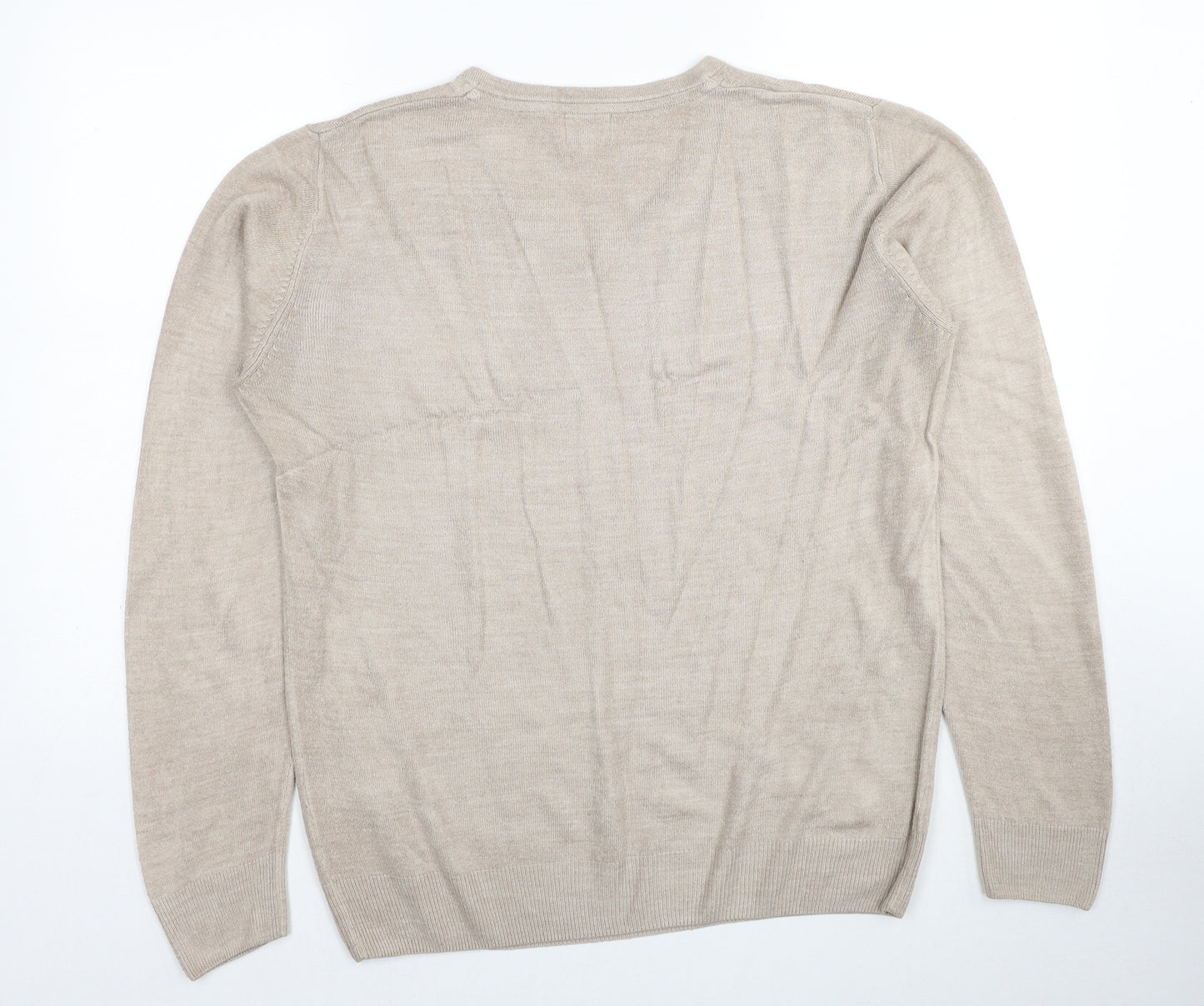 Matalan Mens Beige V-Neck Acrylic Pullover Jumper Size M Long Sleeve
