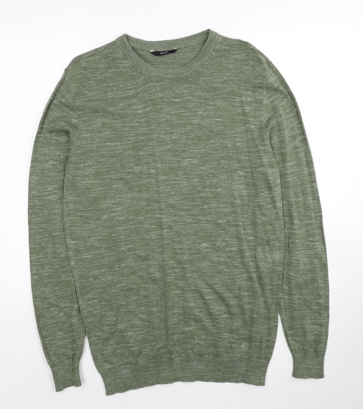 George Mens Green V-Neck Cotton Pullover Jumper Size M Long Sleeve