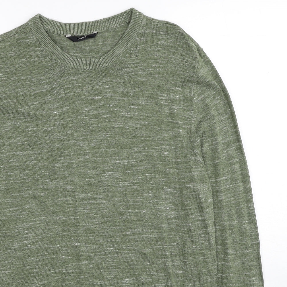 George Mens Green V-Neck Cotton Pullover Jumper Size M Long Sleeve