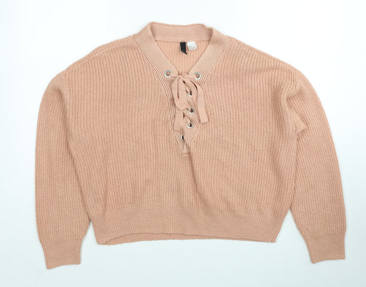 H&M Womens Orange V-Neck Acrylic Pullover Jumper Size S