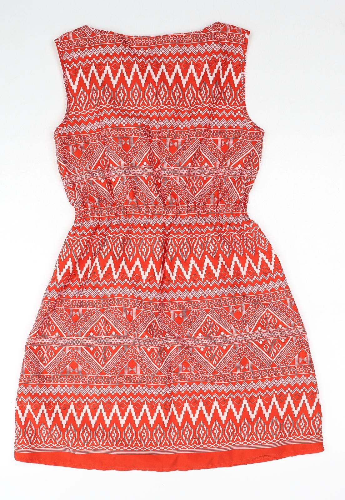 Mela London Womens Red Geometric Polyester A-Line Size 8 Round Neck Pullover