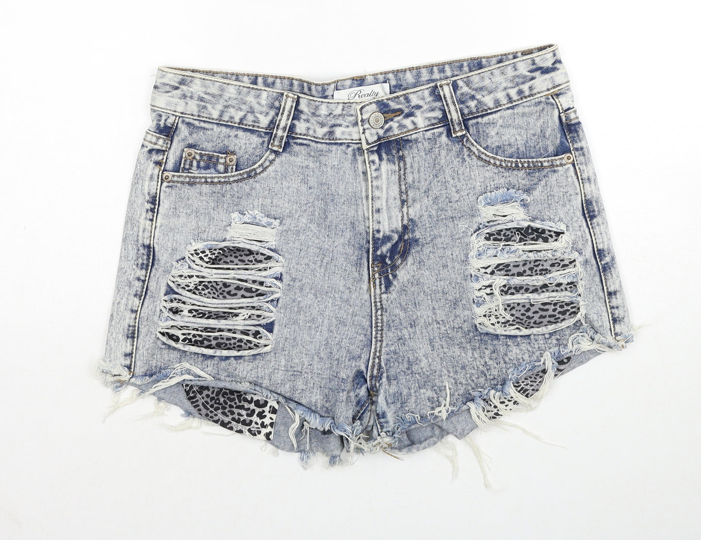 Realty Womens Blue Cotton Hot Pants Shorts Size 16 Regular Zip - Distressed