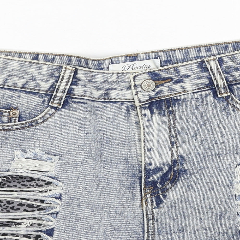 Realty Womens Blue Cotton Hot Pants Shorts Size 16 Regular Zip - Distressed