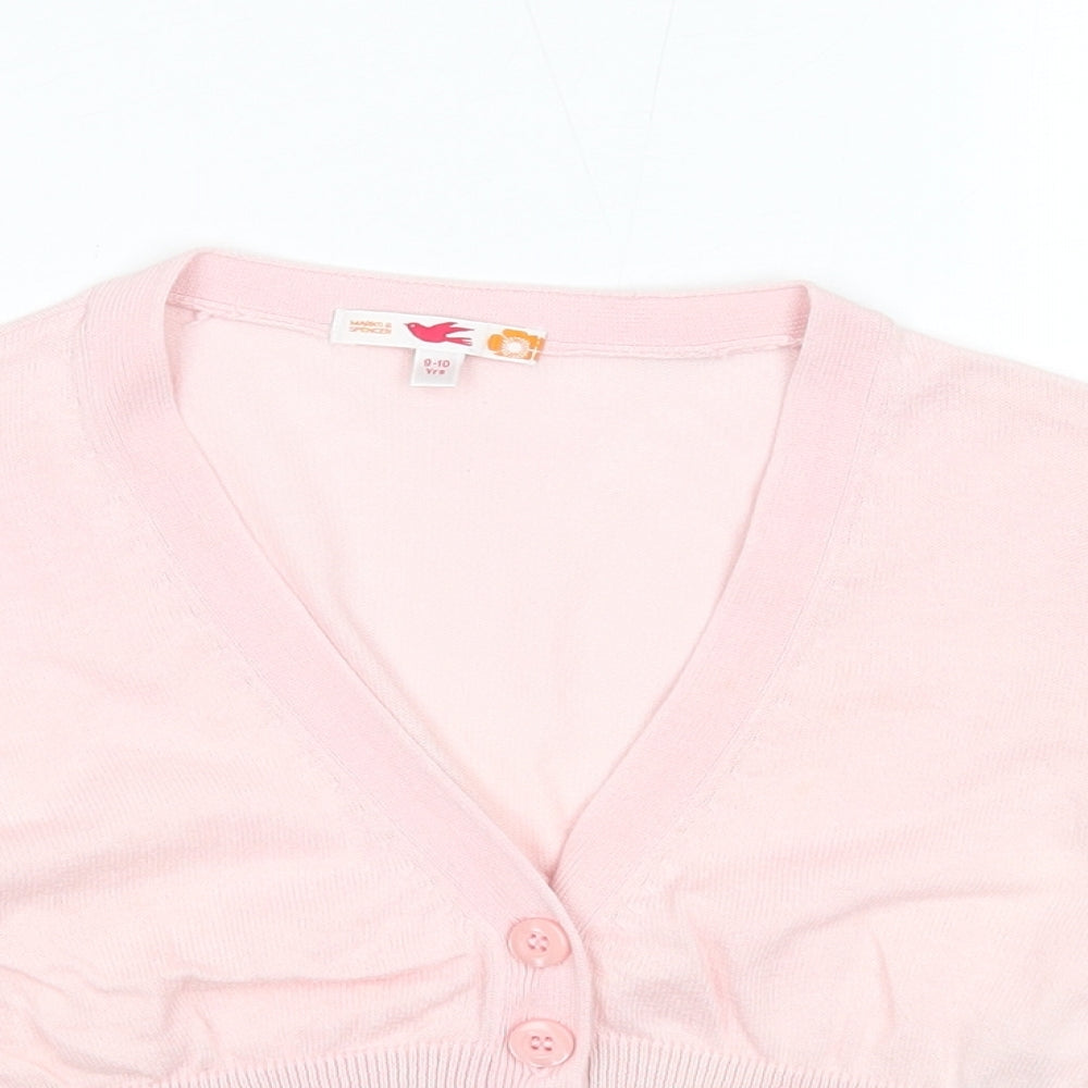 Marks and Spencer Girls Pink V-Neck Cotton Cardigan Jumper Size 9-10 Years Button