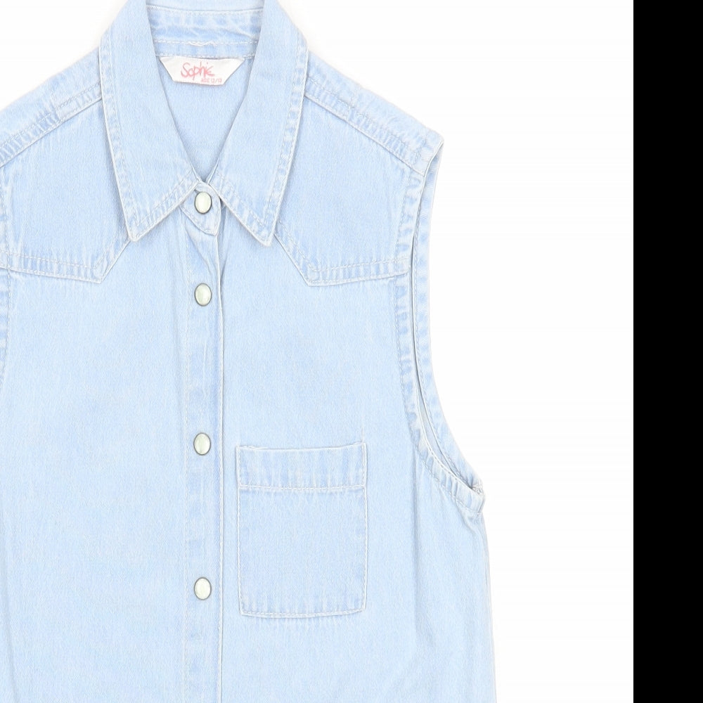 Sophie Girls Blue Cotton Basic Button-Up Size 12-13 Years Collared Snap