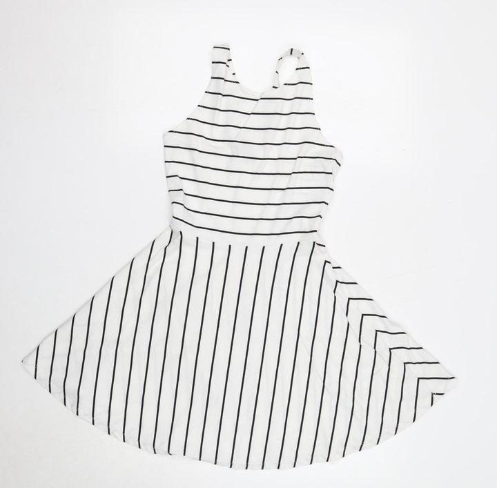 FACTORIE Womens White Striped Cotton Skater Dress Size XS Round Neck Pullover