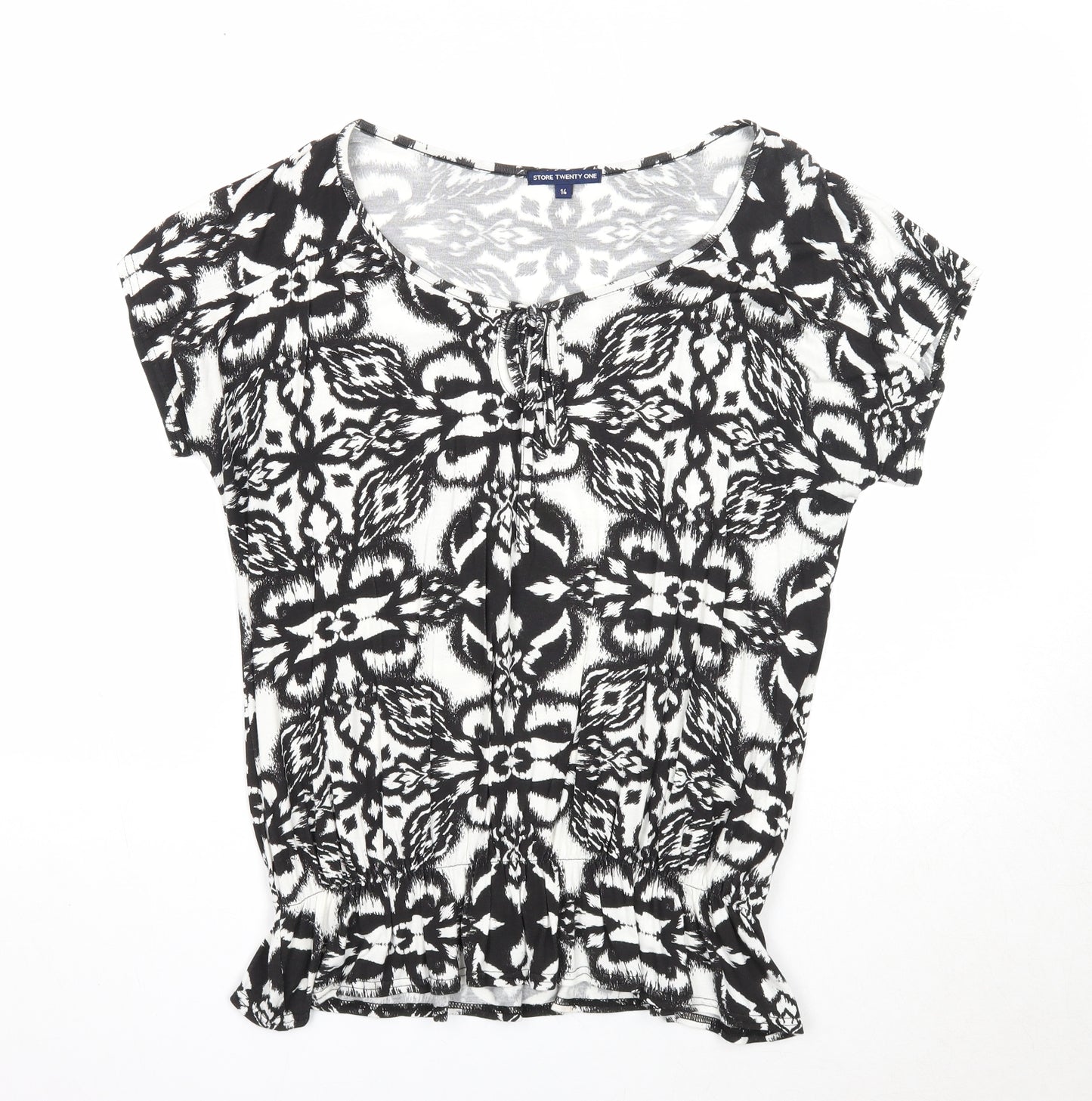 Store Twenty One Womens Black Geometric Viscose Basic T-Shirt Size 14 Round Neck