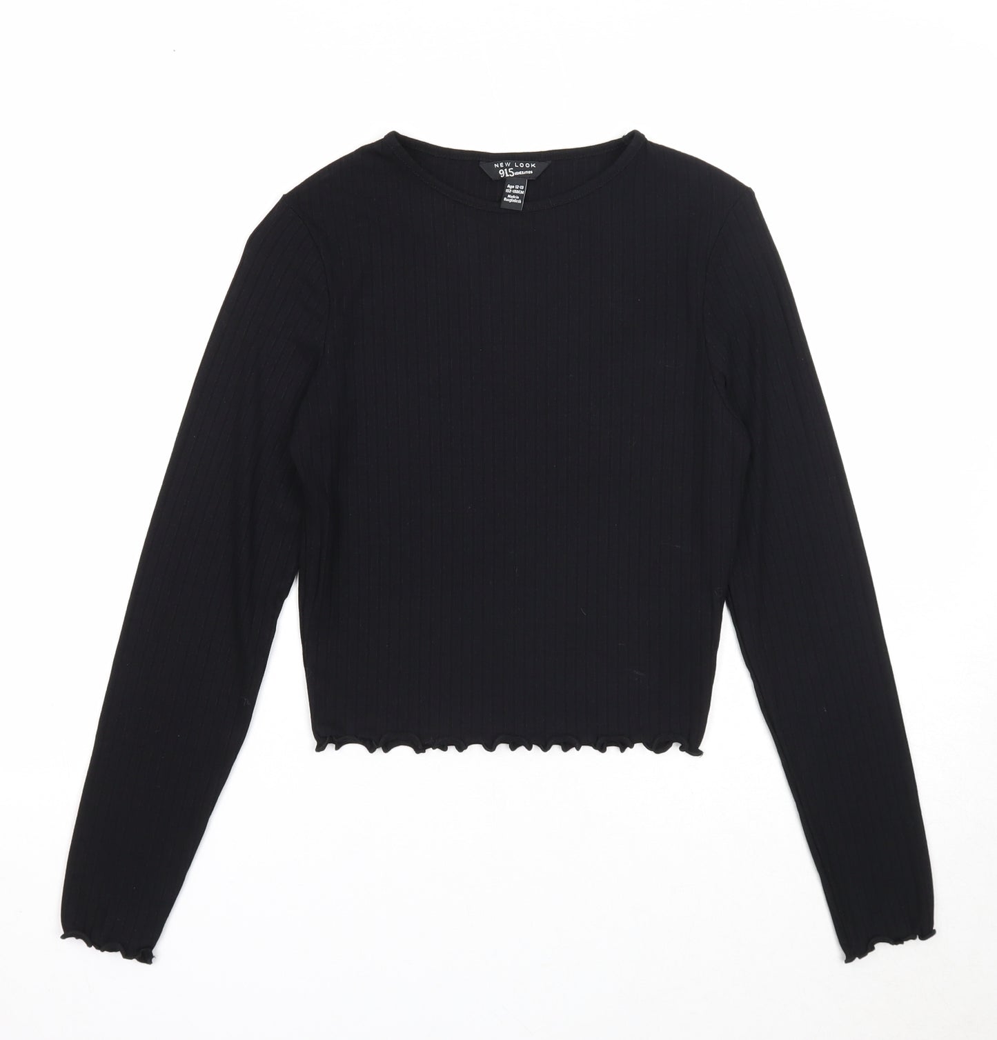 New Look Girls Black Polyester Basic T-Shirt Size 12-13 Years Round Neck Pullover - Lettuce Hem