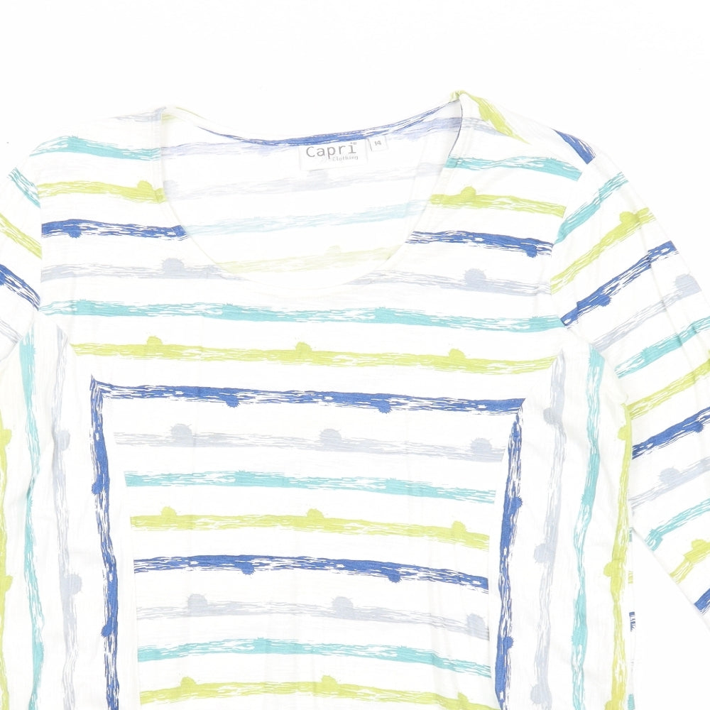 Capri Womens White Striped Cotton Basic T-Shirt Size 14 Round Neck