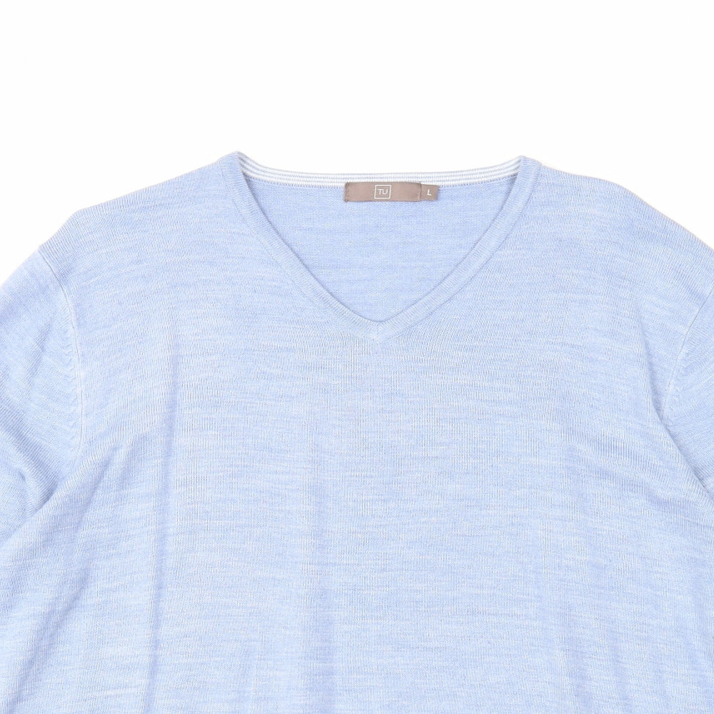TU Mens Blue V-Neck Acrylic Pullover Jumper Size L Long Sleeve