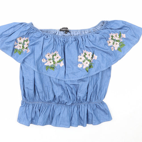 Cameo Rose Womens Blue Cotton Cropped Blouse Size 10 Off the Shoulder - Flower Detail