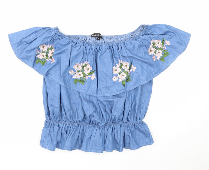 Cameo Rose Womens Blue Cotton Cropped Blouse Size 10 Off the Shoulder - Flower Detail