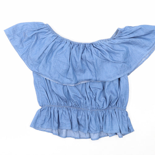 Cameo Rose Womens Blue Cotton Cropped Blouse Size 10 Off the Shoulder - Flower Detail