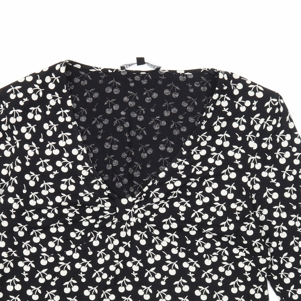 Laura Ashley Womens Black Geometric Viscose Basic Blouse Size 12 V-Neck - Cherries