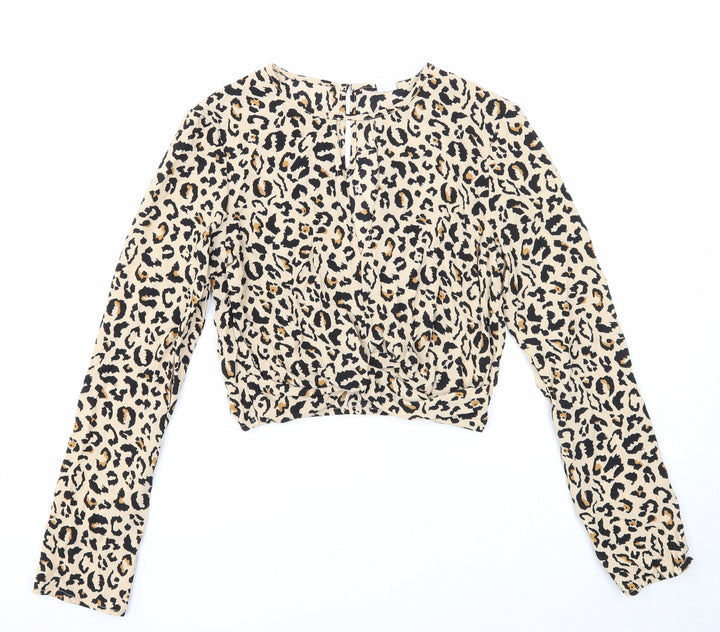 Divided Womens Brown Animal Print Polyester Cropped Blouse Size 6 Round Neck - Leopard Print