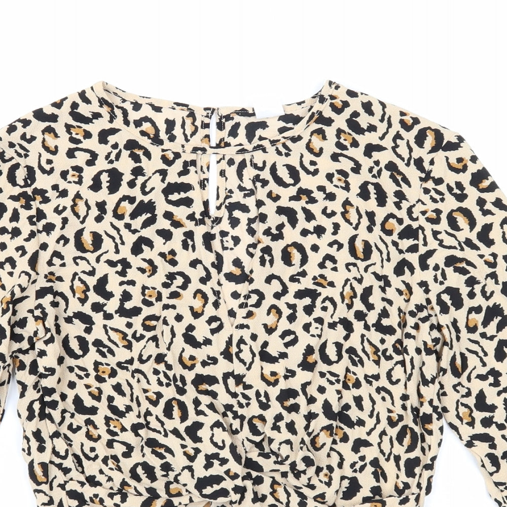 Divided Womens Brown Animal Print Polyester Cropped Blouse Size 6 Round Neck - Leopard Print