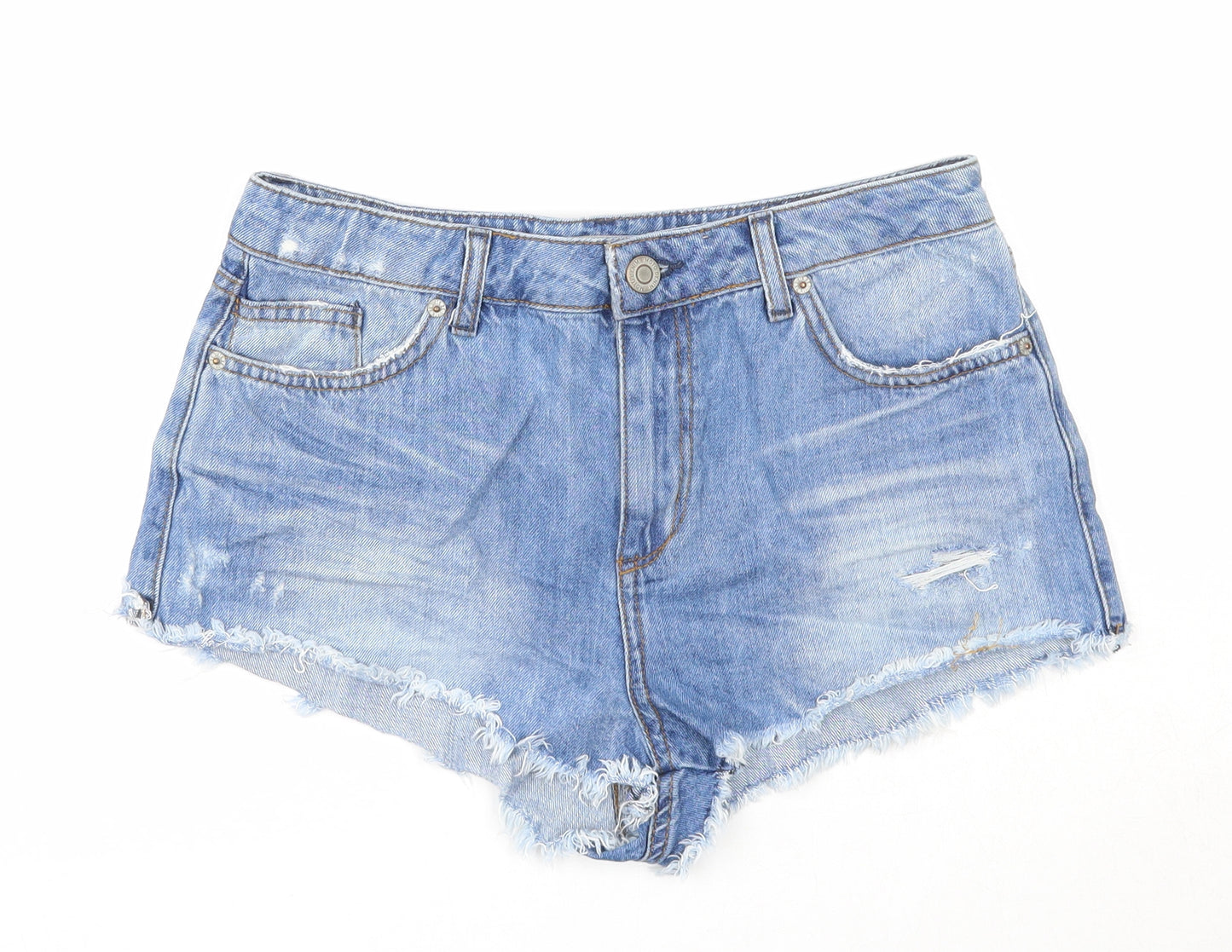 Topshop Womens Blue Cotton Hot Pants Shorts Size 30 in Regular Zip