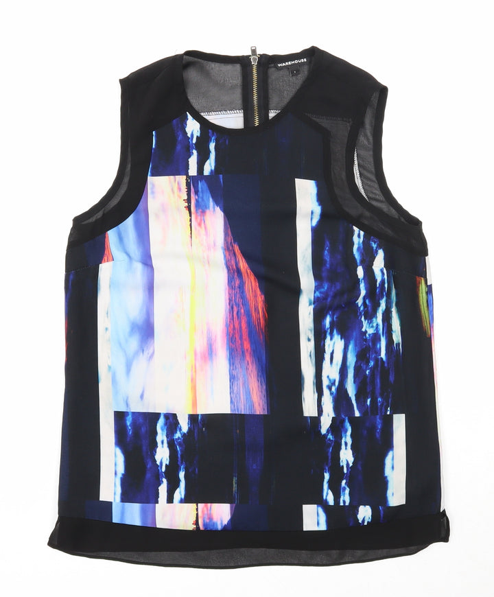 Warehouse Womens Black Geometric Polyester Basic Tank Size S Round Neck