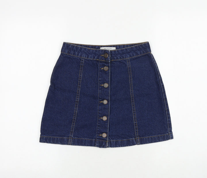 New Look Womens Blue Cotton A-Line Skirt Size 6 Button