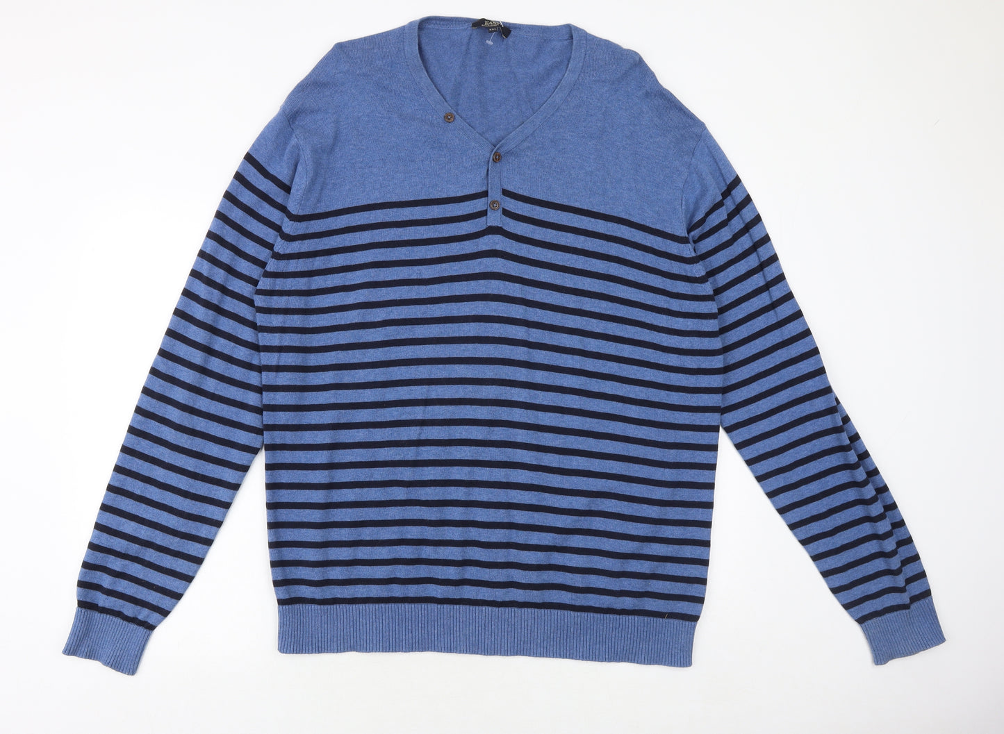 Matalan Mens Blue V-Neck Striped Cotton Pullover Jumper Size L Long Sleeve