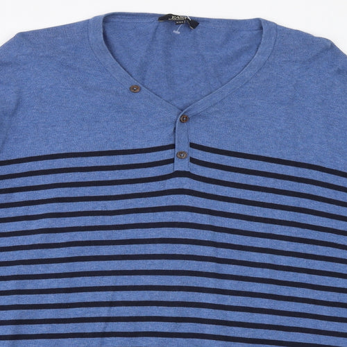 Matalan Mens Blue V-Neck Striped Cotton Pullover Jumper Size L Long Sleeve