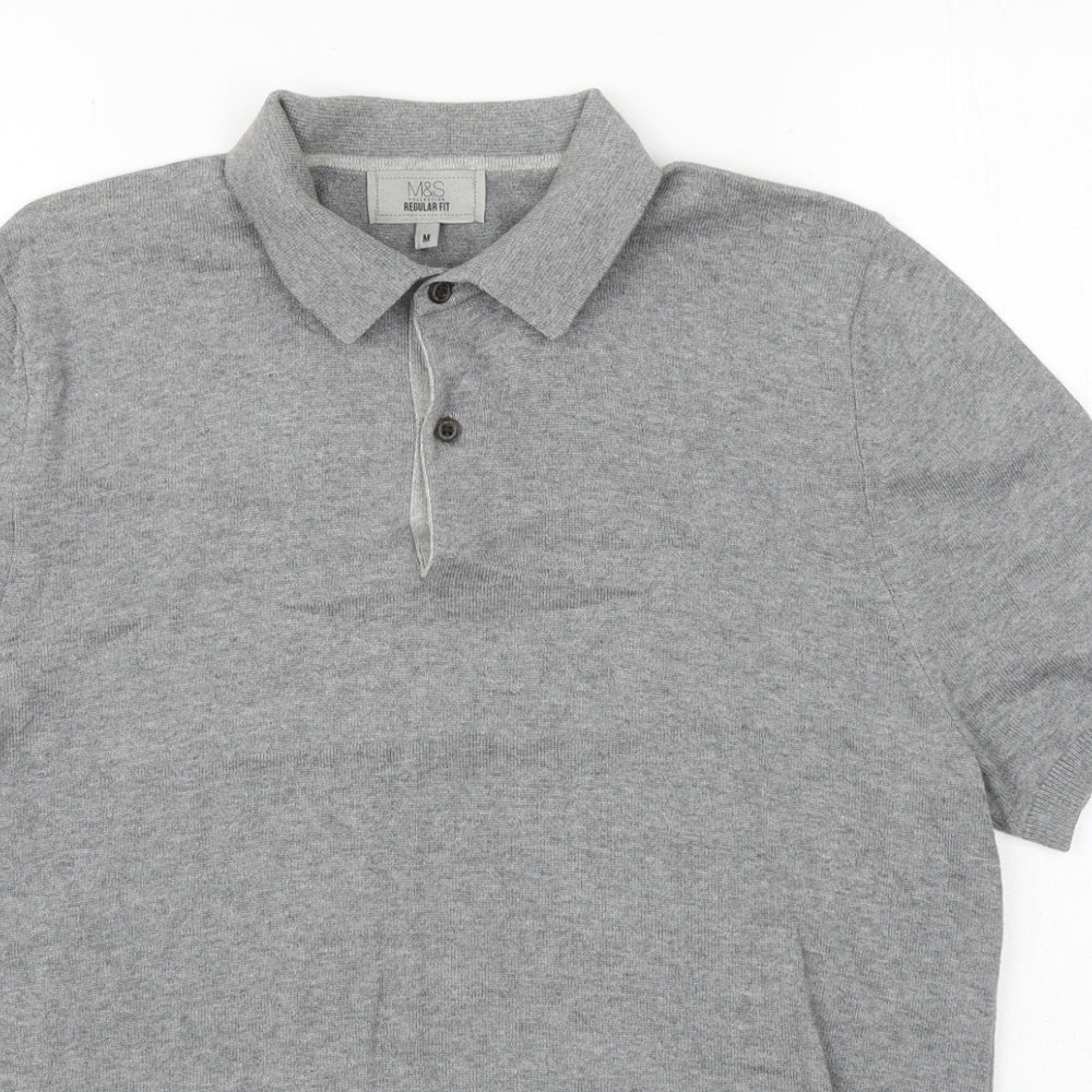 Marks and Spencer Mens Grey Cotton Polo Size M Collared Button