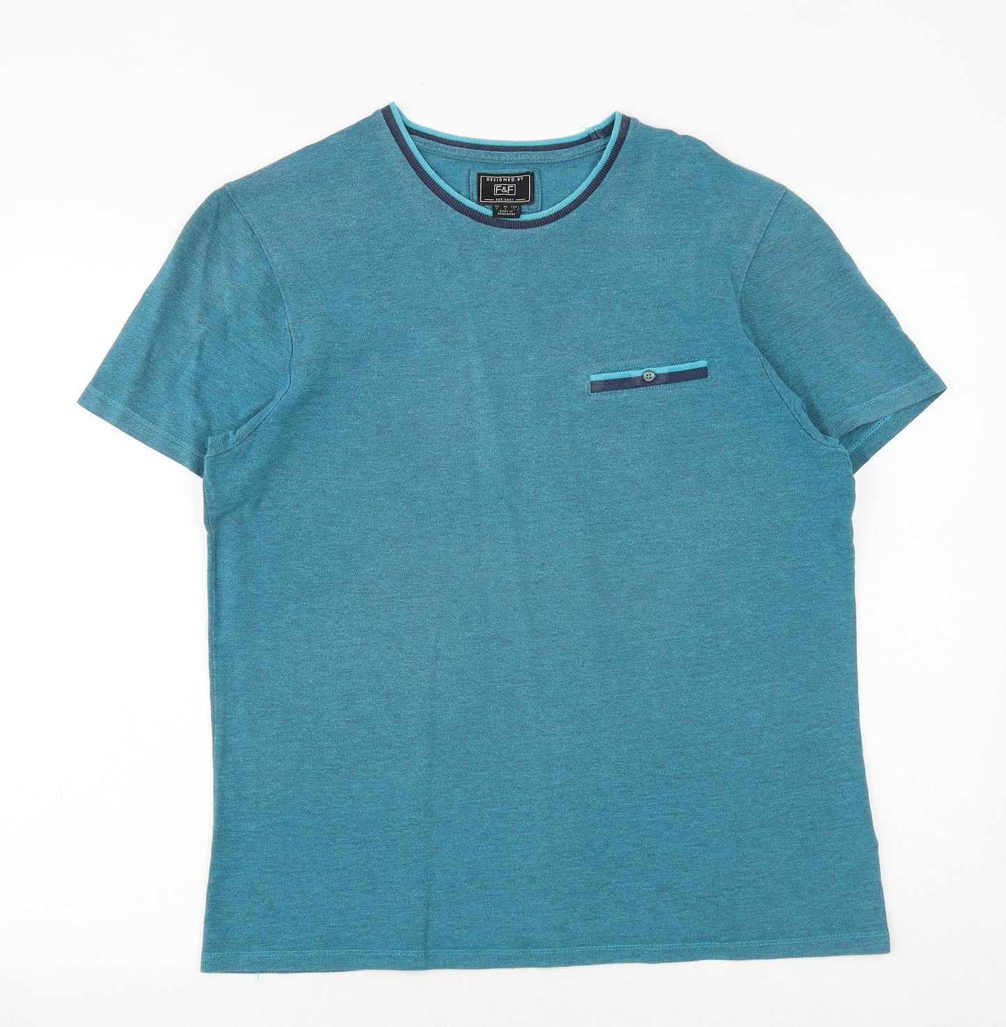 F&F Mens Blue Cotton T-Shirt Size L Round Neck