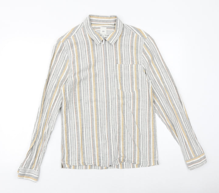 River Island Mens Grey Striped Cotton Button-Up Size S Collared Zip