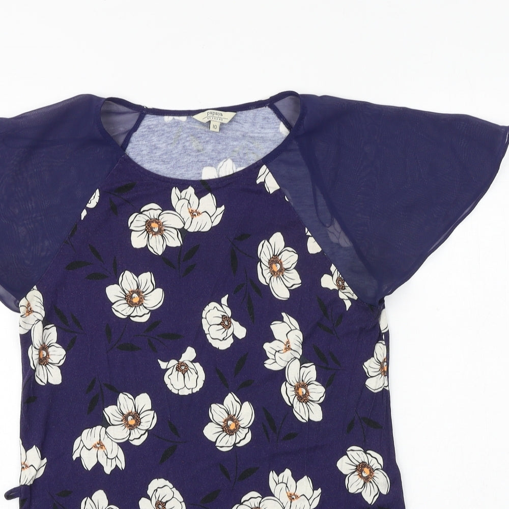 Papaya Womens Blue Floral Viscose Basic Blouse Size 10 Round Neck