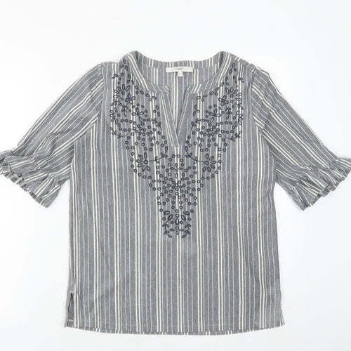 NEXT Womens Blue Striped Cotton Basic Blouse Size 8 V-Neck - Broderie Anglaise