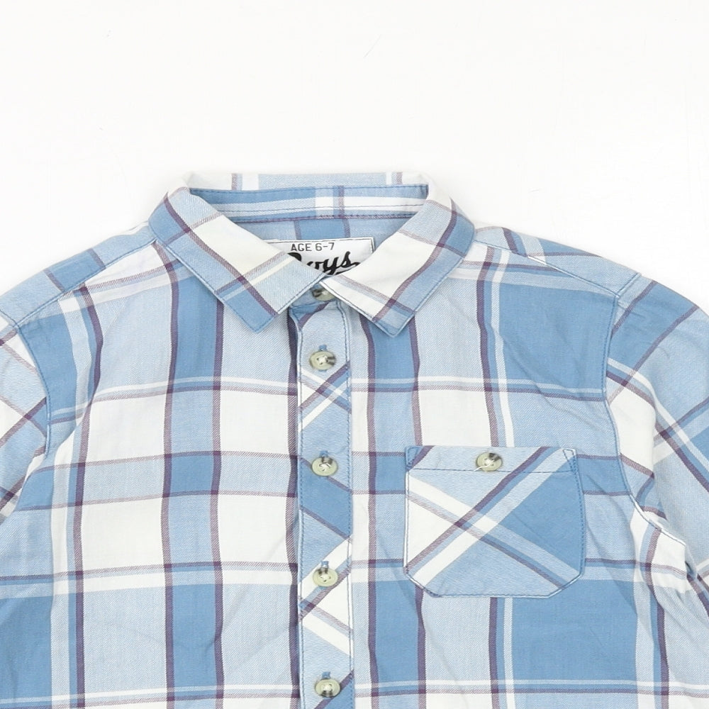 Matalan Boys Blue Plaid 100% Cotton Basic Button-Up Size 6-7 Years Collared Button