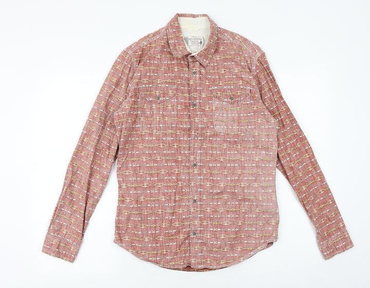 Debenhams Mens Orange Geometric Cotton Button-Up Size S Collared Button