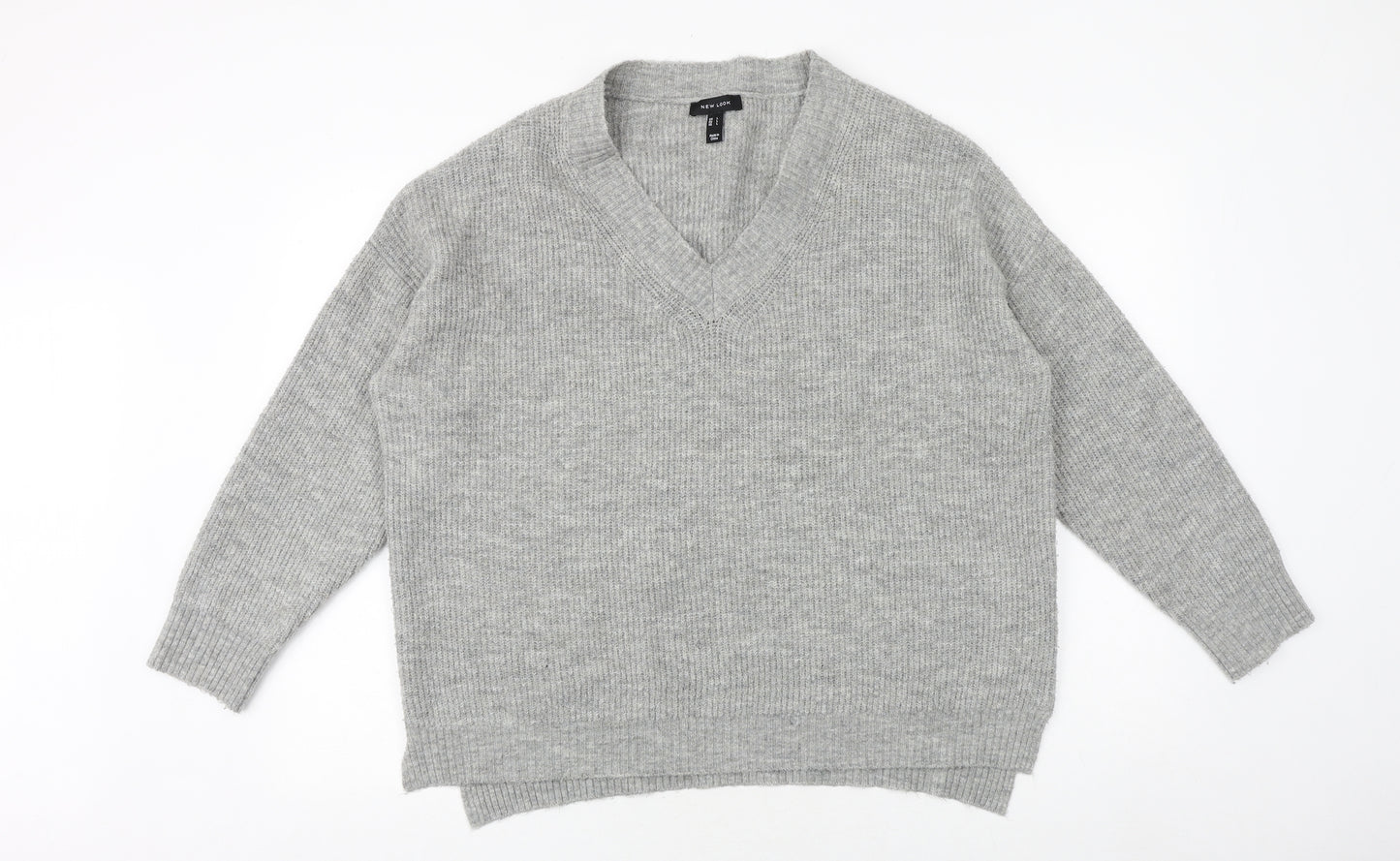 New Look Womens Grey V-Neck Acrylic Pullover Jumper Size L