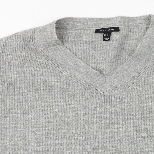 New Look Womens Grey V-Neck Acrylic Pullover Jumper Size L
