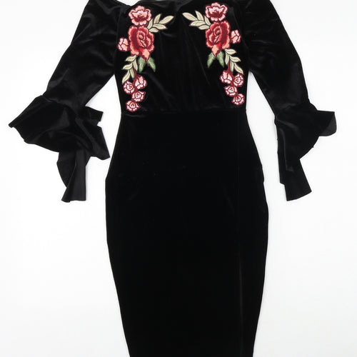 Missguided Womens Black Floral Polyester Bodycon Size 4 Off the Shoulder Pullover