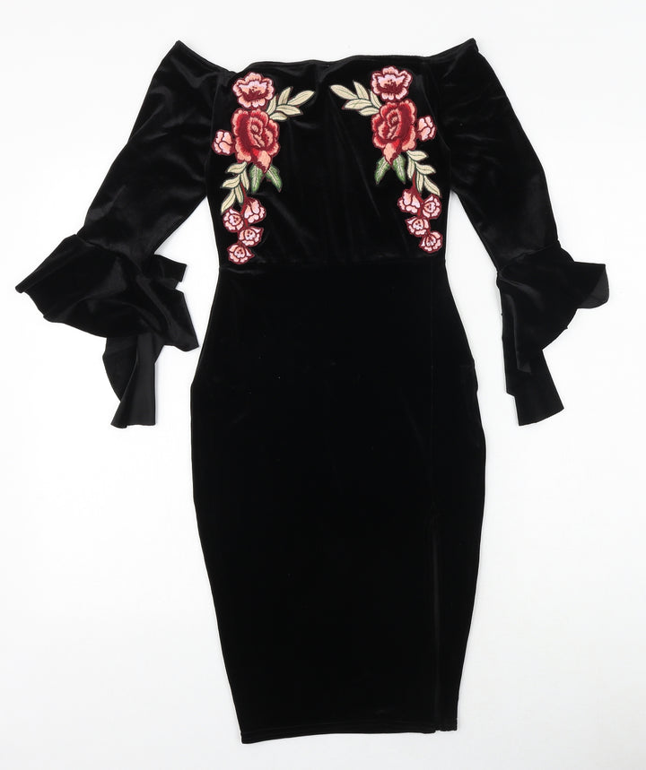 Missguided Womens Black Floral Polyester Bodycon Size 4 Off the Shoulder Pullover