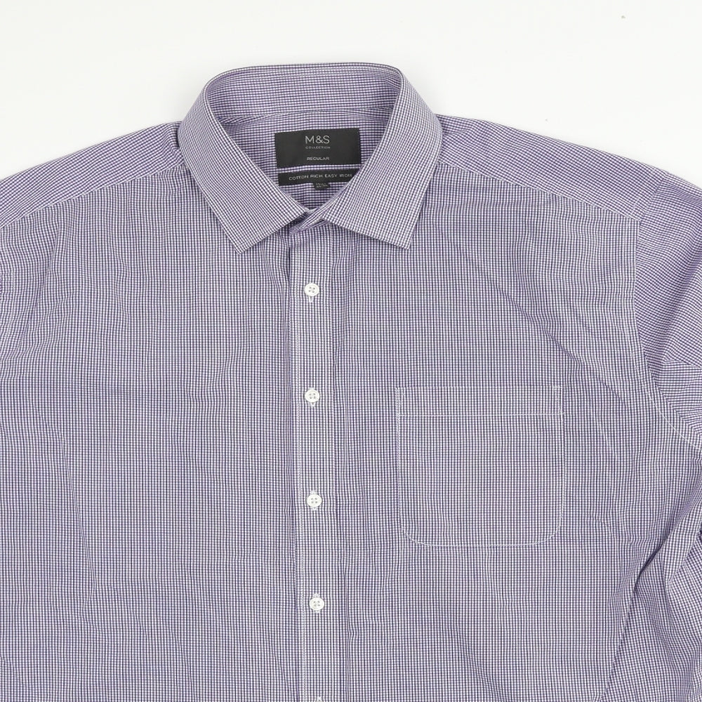 Marks and Spencer Mens Blue Check Camel Dress Shirt Size 17.5 Collared Button