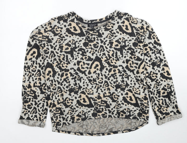 Topshop Womens Beige Round Neck Animal Print Cotton Pullover Jumper Size 10 - Leopard Pattern