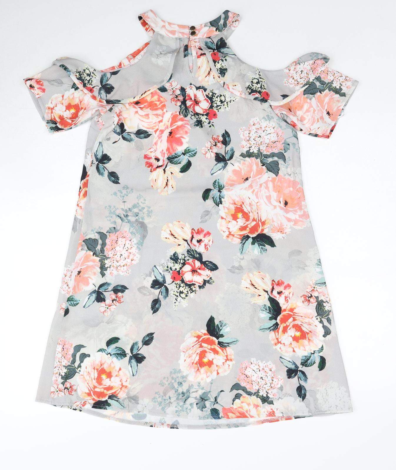 Select Womens Grey Floral Polyester A-Line Size 6 Round Neck Button - Cold Shoulder