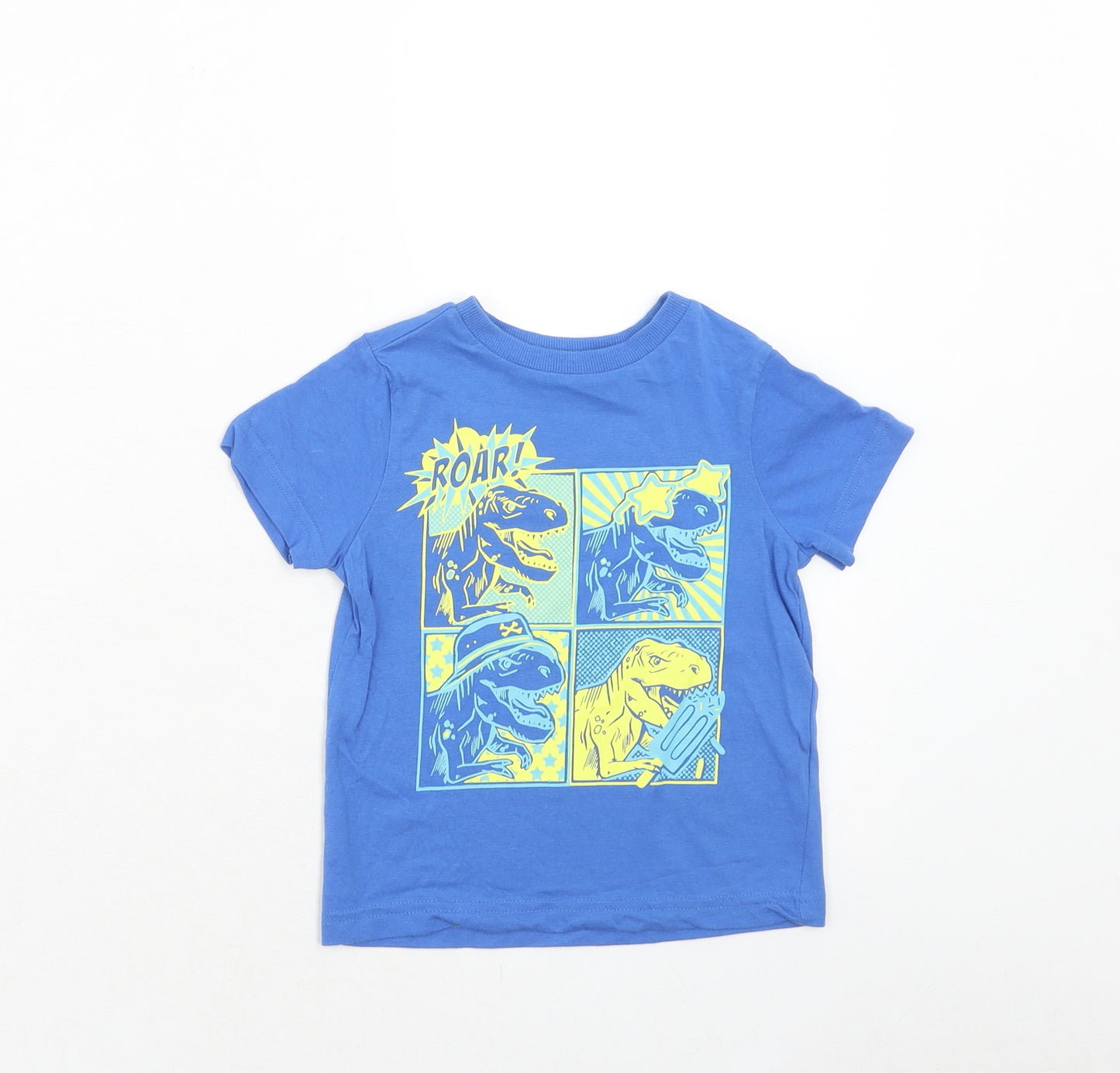F&F Boys Blue Cotton Basic T-Shirt Size 12-18 Months Round Neck Pullover - Dinosaur