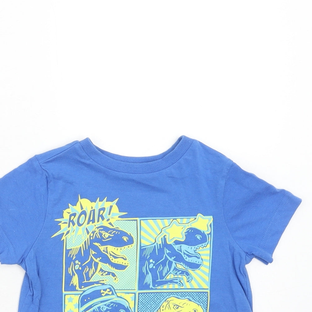 F&F Boys Blue Cotton Basic T-Shirt Size 12-18 Months Round Neck Pullover - Dinosaur