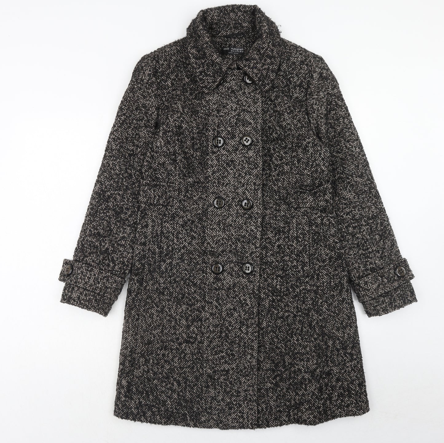 Marks and Spencer Womens Brown Geometric Pea Coat Coat Size 12 Button