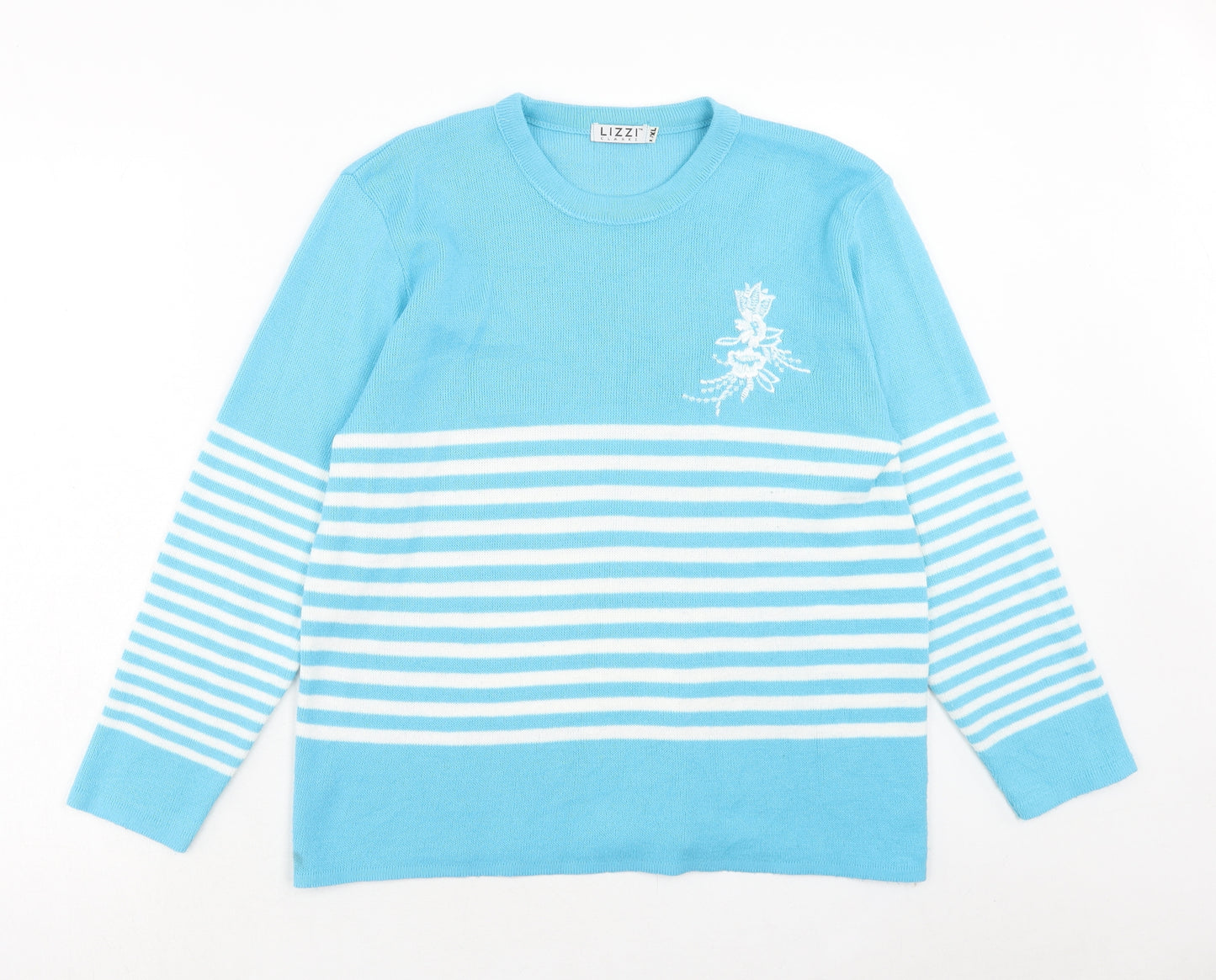 Lizzi Womens Blue Round Neck Striped Acrylic Pullover Jumper Size L - Size L/XL